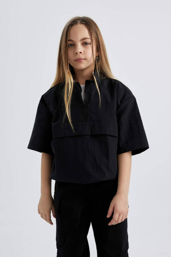 Girls' Zipper Collar Short Sleeve Blouse Black - 3