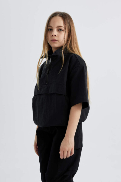 Girls' Zipper Collar Short Sleeve Blouse Black - 4