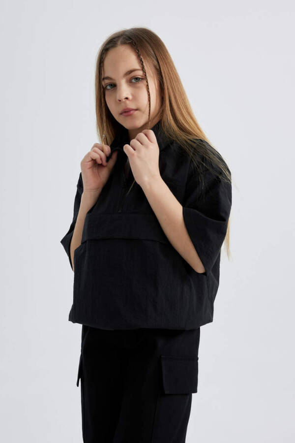 Girls' Zipper Collar Short Sleeve Blouse Black - 5