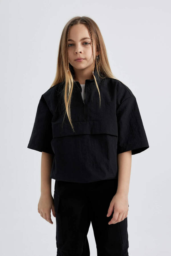 Girls' Zipper Collar Short Sleeve Blouse Black - 12