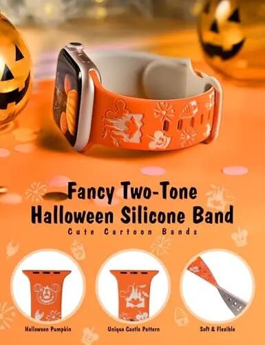 Girovo Halloween Cartoon Engraved Bands Compatible with Apple Watch Band | Cute Two-Tone Cartoon Soft Silicone Sport Strap for Women iWatch Series 11 10 9 8 7 6 5 4 SE 3 2 1/40/38/41/42/44/45/46/49mm - Girovo (1)