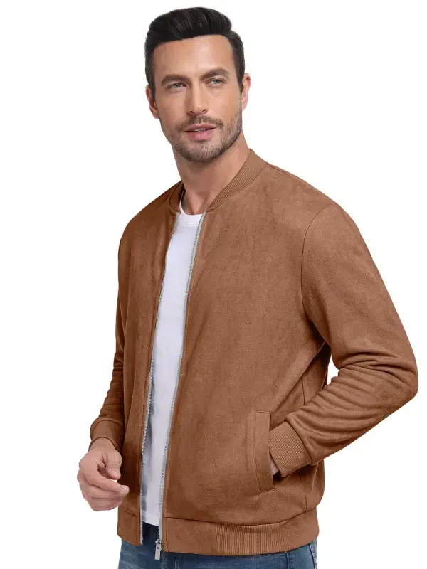 GIRUNS Men's Casual Varsity Jacket Vintage Suede Bomber Jackets Lightweight Outerwear Coat Brown L - 3