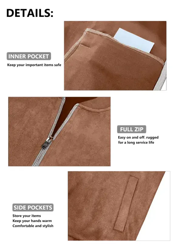 GIRUNS Men's Casual Varsity Jacket Vintage Suede Bomber Jackets Lightweight Outerwear Coat Brown L - 5