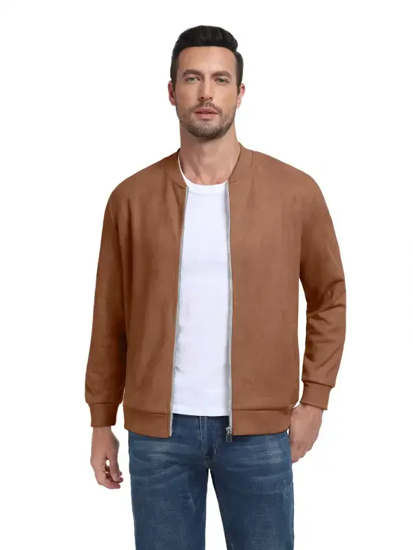 GIRUNS Men's Casual Varsity Jacket Vintage Suede Bomber Jackets Lightweight Outerwear Coat Brown L - 6