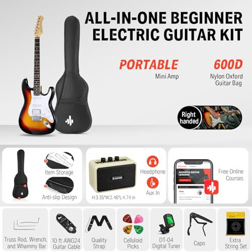 Гитарный набор Donner DST-100S 39 Inch Full Size Electric Guitar Kit, Электрогитара с корпусом из цельного дерева, цвет Sunburst, для начинающих, с усилителем, чехлом, каподастром, ремнем, струнами, тюнером, кабелем, медиаторами - 2