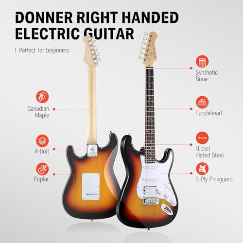 Гитарный набор Donner DST-100S 39 Inch Full Size Electric Guitar Kit, Электрогитара с корпусом из цельного дерева, цвет Sunburst, для начинающих, с усилителем, чехлом, каподастром, ремнем, струнами, тюнером, кабелем, медиаторами - 3