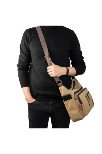 Gk13 Kanvas Postacı Yatık Çapraz Çanta Bej-BEJ - 5