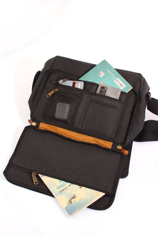 GK61 Canvas Messenger Bag Multi-Compartment University Shoulder Bag Macbook Tablet Bag Black - 1