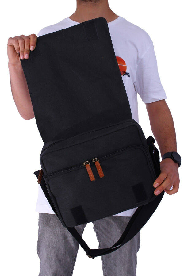 GK61 Canvas Messenger Bag Multi-Compartment University Shoulder Bag Macbook Tablet Bag Black - 8