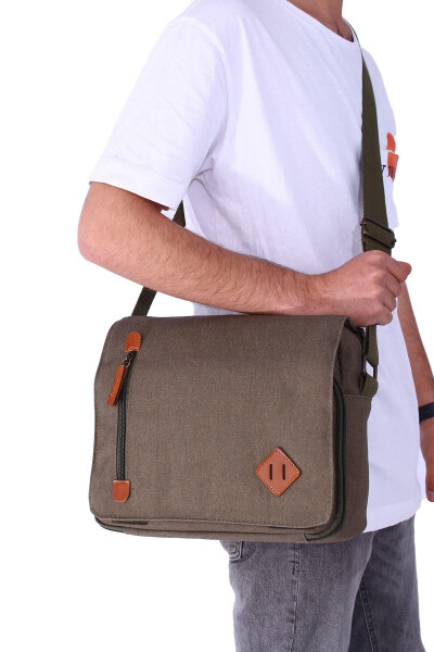 GK61 Canvas Messenger Bag Multi-Compartment University Shoulder Bag Macbook Tablet Bag Khaki - 7