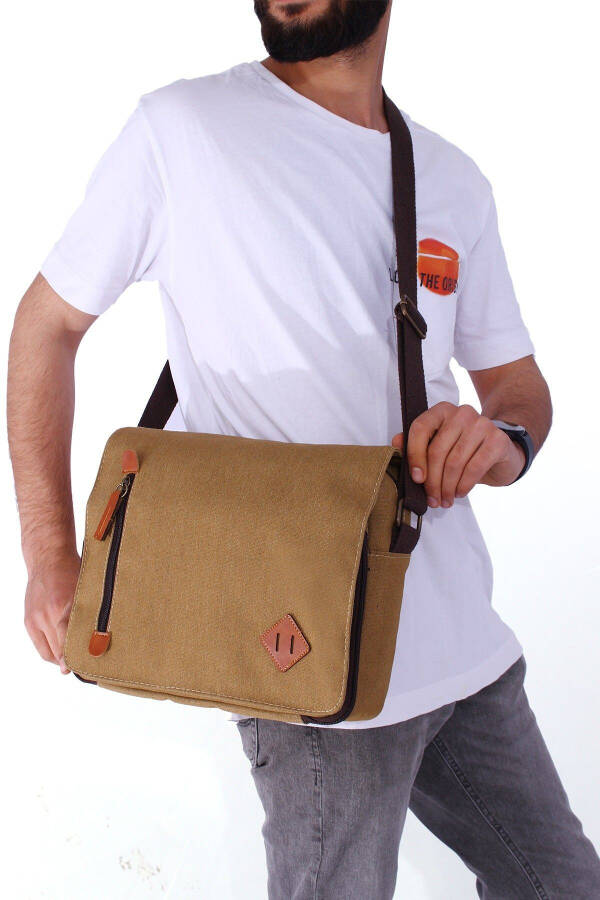 GK61 Canvas Messenger Bag Multi-Compartment University Shoulder Bag Macbook Tablet Bag Sand - 20