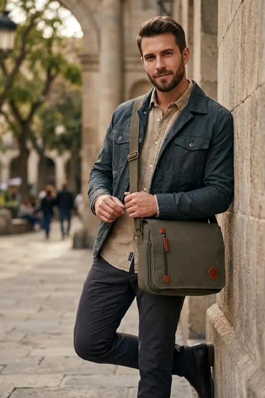 GK61 Kanvas pochta sumkasi ko'p bo'limli universitet yelka sumkasi Macbook planshet sumkasi haki - BY HAKAN