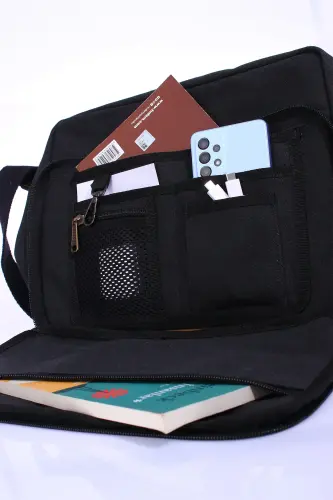 GK61 KANVAS XAT QOP SUMKASI KO'P BO'LIMLI UNIVERSITET EL SUMKASI MACBOOK TABLET SUMKASI QORA - 7