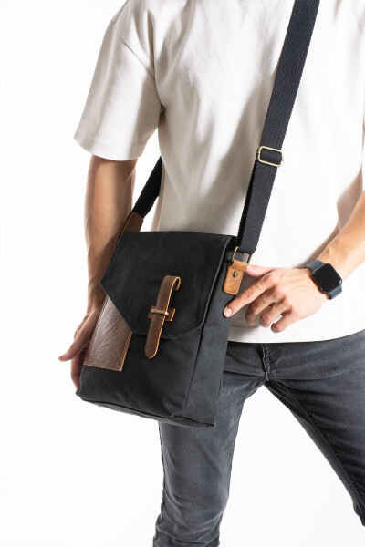 GK62 CANVAS MESSENGER BAG MULTI-COMPARTMENT UNIVERSITY DAILY BAG MACBOOK TABLET BAG BLACK - 10