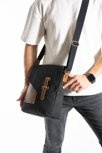 GK62 CANVAS MESSENGER BAG MULTI-COMPARTMENT UNIVERSITY DAILY BAG MACBOOK TABLET BAG BLACK - 4