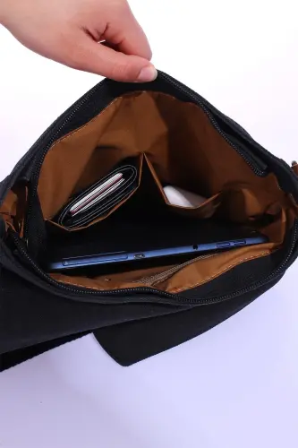 GK62 CANVAS MESSENGER BAG MULTI-COMPARTMENT UNIVERSITY DAILY BAG MACBOOK TABLET BAG BLACK - 8