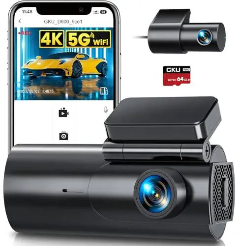 GKU Dash Cam Передняя и задняя камера, 4K/2.5K Полные Dash Cam для автомобилей с 64 ГБ SD-картой, Wi-Fi и управлением приложением, ночным видением, режимом парковки, G-сенсором, циклической записью, WDR, 170° широким углом (D600) - 1