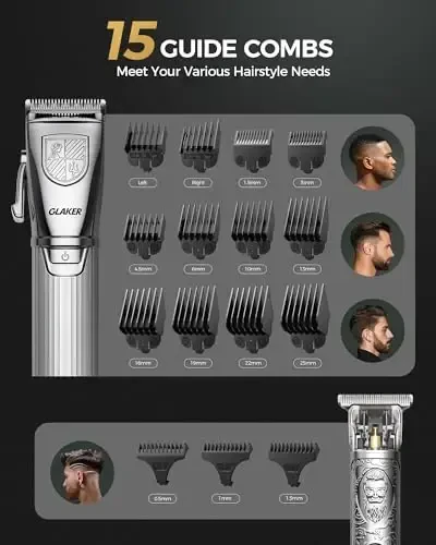 GLAKER Hair Clippers for Men,Professional Mens Hair Clippers Cordless Clippers for Hair Cutting,Precision Trimmer Kit Zero Gap Trimmer with LED Display 15 Guide Combs (Silver) - 4