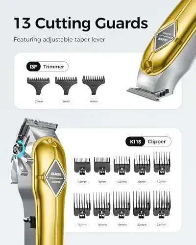 GLAKER Hair Clippers for Men Professional - Cordless Clippers and Trimmers Set, Complete Barber Kit for Hair Trimming & Beard Grooming, Mens Haircutting Kits for Blending & Fade Cuts (Gold) - 4