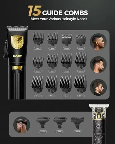 GLAKER Hair Clippers for Men,Professional Mens Hair Clippers Cordless Clippers for Hair Cutting,Precision Trimmer Kit Zero Gap Trimmer with LED Display 15 Guide Combs (Black+Gold) - 6