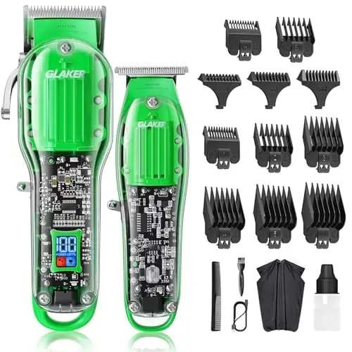 GLAKER Hair Clippers for Men Professional - Cordless Clippers and Trimmers Set, Complete Barber Kit for Hair Trimming & Beard Grooming, Mens Haircutting Kits for Blending & Fade Cuts (Green) - GLAKER