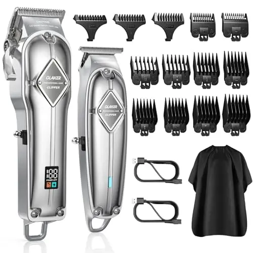 GLAKER Hair Clippers for Men Professional - Cordless Clippers and Trimmers Set, Complete Barber Kit for Hair Trimming & Beard Grooming, Mens Haircutting Kits for Blending & Fade Cuts (Silver) - GLAKER