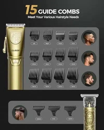 GLAKER Hair Clippers for Men, Professional Mens Hair Clippers Cordless Clippers for Hair Cutting, Hair Clippers and Hair Trimmer Kit Zero Gap Trimmer with LED Display 15 Guide Combs - 4