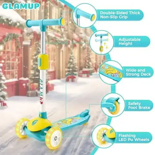 GLAMUP Kids Kick Scooter 3 Wheels, Kids Scooter Height Adjustable Handlebar, Lean-to-Steer System & Easy-Folding Mechanism, Ages 3-14 Boys and Girls - GLAMUP (1)