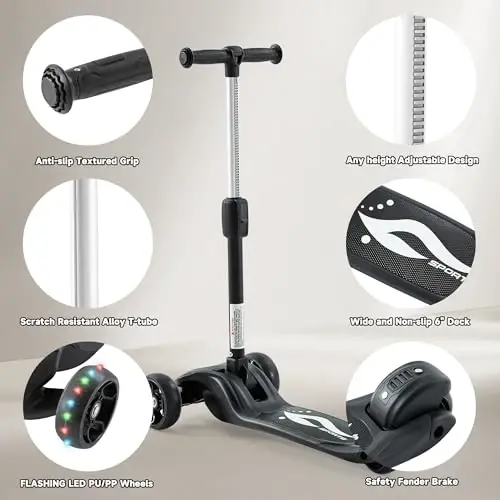 GLAMUP Kick Scooter Adjustable Height Adjustable Handlebar, Kids Scooter 3 Wheel with LED Lights, Suitable Kids Ages 2, Ages 6, Ages 8, Extra Wide Deck for Boys and Girls - 3