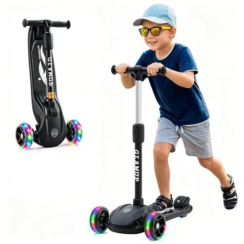 GLAMUP Kick Scooter Adjustable Height Adjustable Handlebar, Kids Scooter 3 Wheel with LED Lights, Suitable Kids Ages 2, Ages 6, Ages 8, Extra Wide Deck for Boys and Girls 