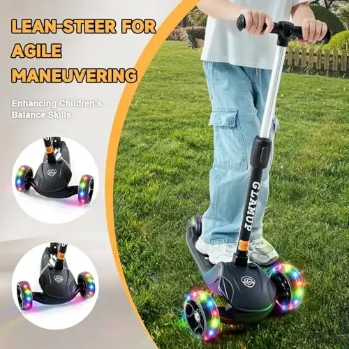 GLAMUP Kick Scooter Adjustable Height Adjustable Handlebar, Kids Scooter 3 Wheel with LED Lights, Suitable Kids Ages 2, Ages 6, Ages 8, Extra Wide Deck for Boys and Girls - 2