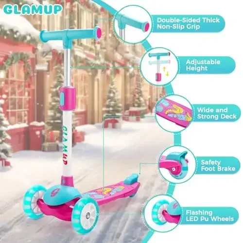 GLAMUP Kids Kick Scooter 3 Wheels, Kids Scooter Height Adjustable Handlebar, Lean-to-Steer System & Easy-Folding Mechanism, Ages 3-14 Boys and Girls - GLAMUP (1)