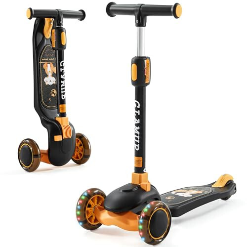 GLAMUP Kids Kick Scooter 3 Wheels Light-Up, Kids Scooter Height Adjustable Handlebar, Lean-to-Steer System & Easy-Folding Mechanism, Ages 3-14 Boys and Girls 