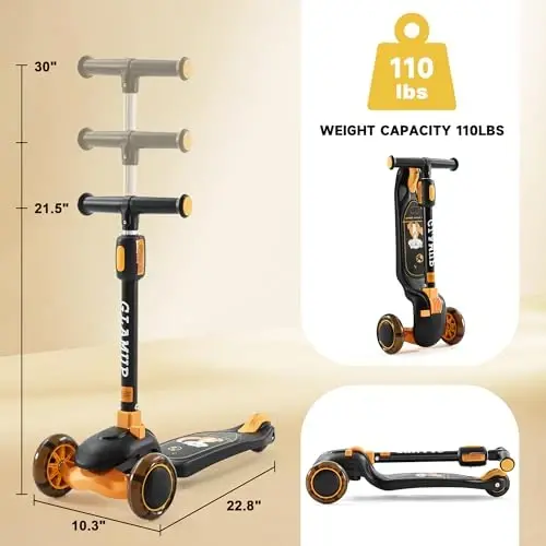 GLAMUP Kids Kick Scooter 3 Wheels Light-Up, Kids Scooter Height Adjustable Handlebar, Lean-to-Steer System & Easy-Folding Mechanism, Ages 3-14 Boys and Girls 