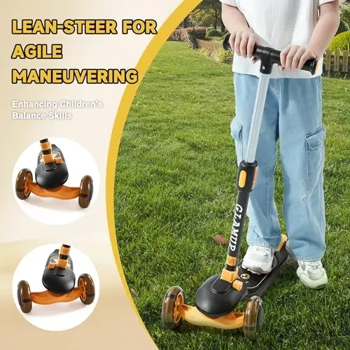 GLAMUP Kids Kick Scooter 3 Wheels Light-Up, Kids Scooter Height Adjustable Handlebar, Lean-to-Steer System & Easy-Folding Mechanism, Ages 3-14 Boys and Girls - 3