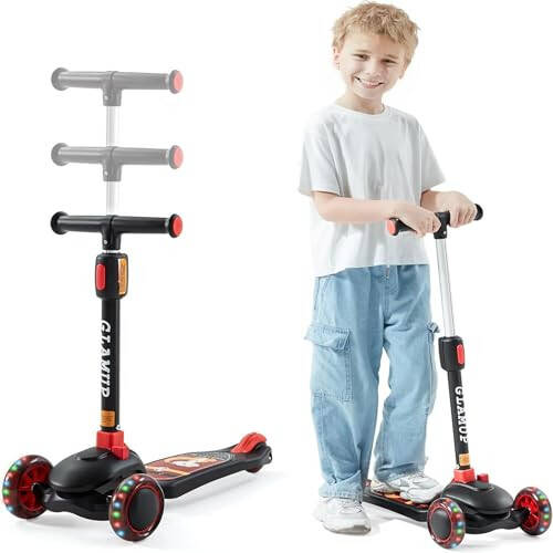 GLAMUP Kids Kick Scooter 3 Wheels Light-Up, Kids Scooter Height Adjustable Handlebar, Lean-to-Steer System & Easy-Folding Mechanism, Ages 3-14 Boys and Girls - 6