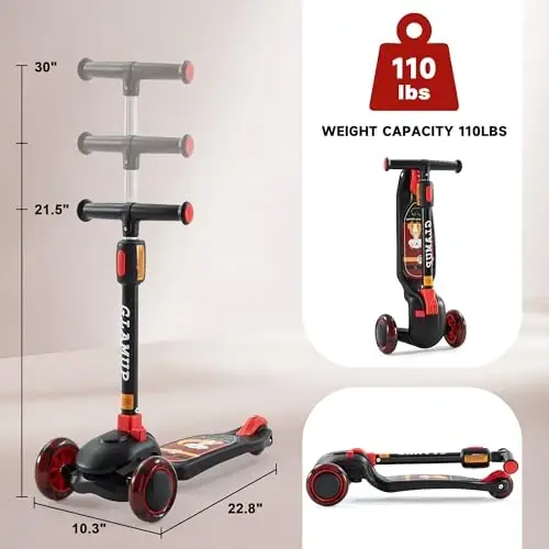 GLAMUP Kids Kick Scooter 3 Wheels Light-Up, Kids Scooter Height Adjustable Handlebar, Lean-to-Steer System & Easy-Folding Mechanism, Ages 3-14 Boys and Girls - 1