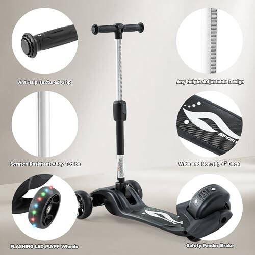 GLAMUP Soziladigan Balandlikdagi Soziladigan Rulga Ega Kick Scooter, Bolalar uchun 3 G'ildirakli LED Chiroqlari bilan Scooter, 2 Yosh, 6 Yosh, 8 Yosh Bolalarga Mos, O'g'il va Qizlar uchun Qo'shimcha Keng Platforma - 4