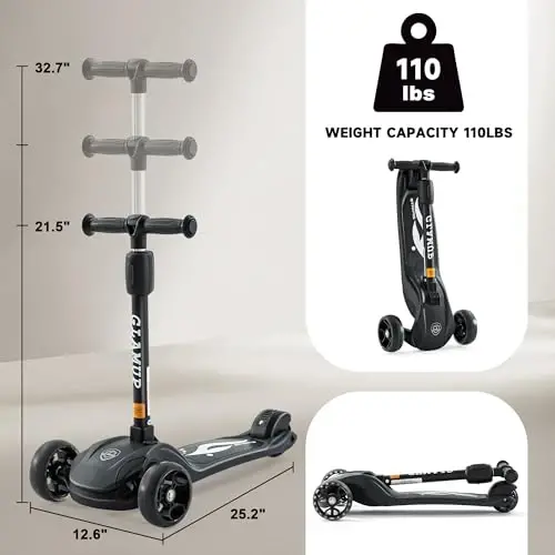 GLAMUP Soziladigan Balandlikdagi Soziladigan Rulga Ega Kick Scooter, Bolalar uchun 3 G'ildirakli LED Chiroqlari bilan Scooter, 2 Yosh, 6 Yosh, 8 Yosh Bolalarga Mos, O'g'il va Qizlar uchun Qo'shimcha Keng Platforma - GLAMUP (1)