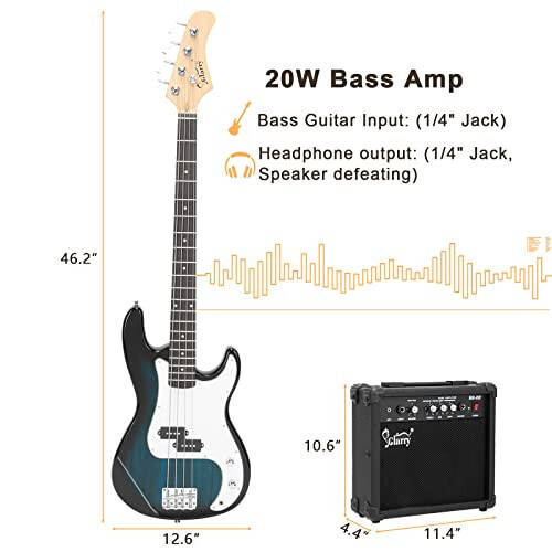 GLARRY 20W AMP li elektr bas gitara, 4 torli yangi boshlanuvchilar uchun boshlang'ich to'plami, bolalar va kattalar uchun sim, kamar, sumka kabi aksessuarlar kiradi (To'q ko'k) - 6