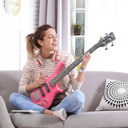 GLARRY 4 String Electric Bass Guitar, 36-inch Bass Guitar Beginner Kit with Cable, Strap and Bag for Kids, Boy and Girl (Pink) - 1