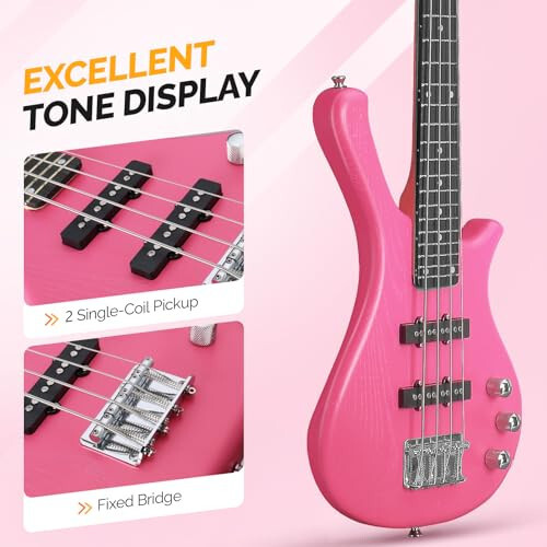 GLARRY 4 String Electric Bass Guitar, 36-inch Bass Guitar Beginner Kit with Cable, Strap and Bag for Kids, Boy and Girl (Pink) - 3