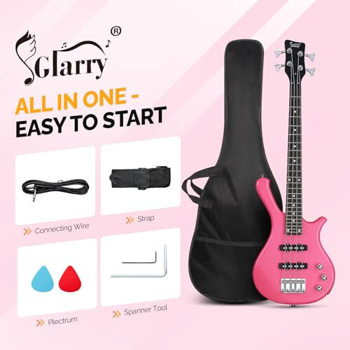 GLARRY 4 String Electric Bass Guitar, 36-inch Bass Guitar Beginner Kit with Cable, Strap and Bag for Kids, Boy and Girl (Pink) - 4