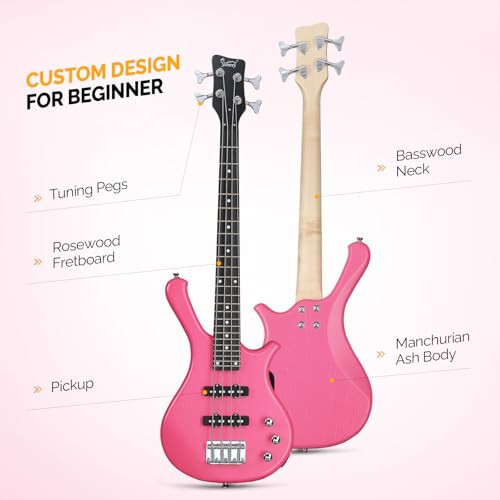 GLARRY 4 String Electric Bass Guitar, 36-inch Bass Guitar Beginner Kit with Cable, Strap and Bag for Kids, Boy and Girl (Pink) - 5