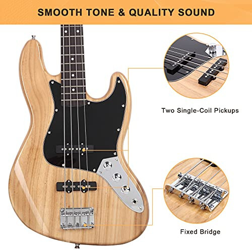 GLARRY 4 String GJazz Electric Bass Guitar Full Size Right Handed with Guitar Bag, Amp Cord and Beginner Kits (Burly Wood) - 4