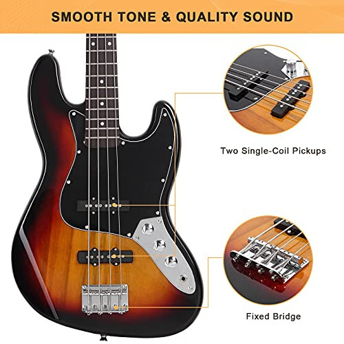 GLARRY 4 String GJazz Electric Bass Guitar Full Size Right Handed with Guitar Bag, Amp Cord and Beginner Kits (Sunset) - 5