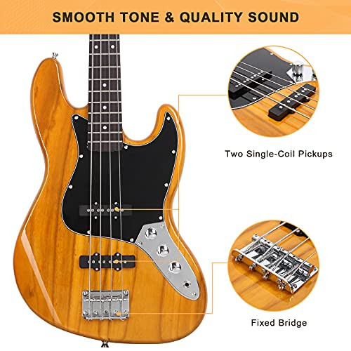 GLARRY 4 String GJazz Electric Bass Guitar Full Size Right Handed with Guitar Bag, Amp Cord and Beginner Kits (Transparent Yellow) - 4