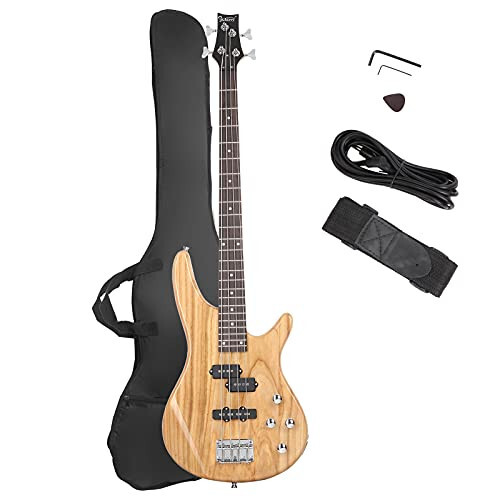 GLARRY Electric Bass Guitar Full Size 4 String Exquisite Stylish Bass with Power Line, Bag and Wrench Tool (Natural Wood) - 1