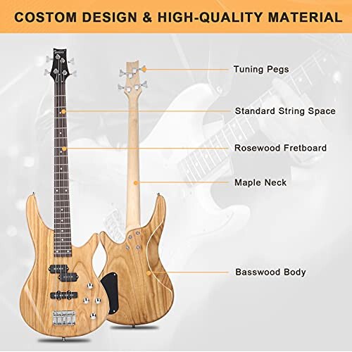 GLARRY Electric Bass Guitar Full Size 4 String Exquisite Stylish Bass with Power Line, Bag and Wrench Tool (Natural Wood) - 2