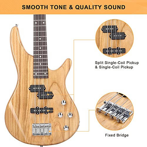 GLARRY Electric Bass Guitar Full Size 4 String Exquisite Stylish Bass with Power Line, Bag and Wrench Tool (Natural Wood) - 4